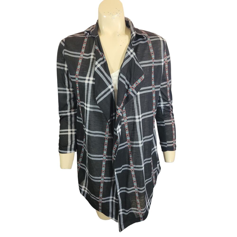 No Comment Cardigan Medium Black White Plaid Open Front Collar Top